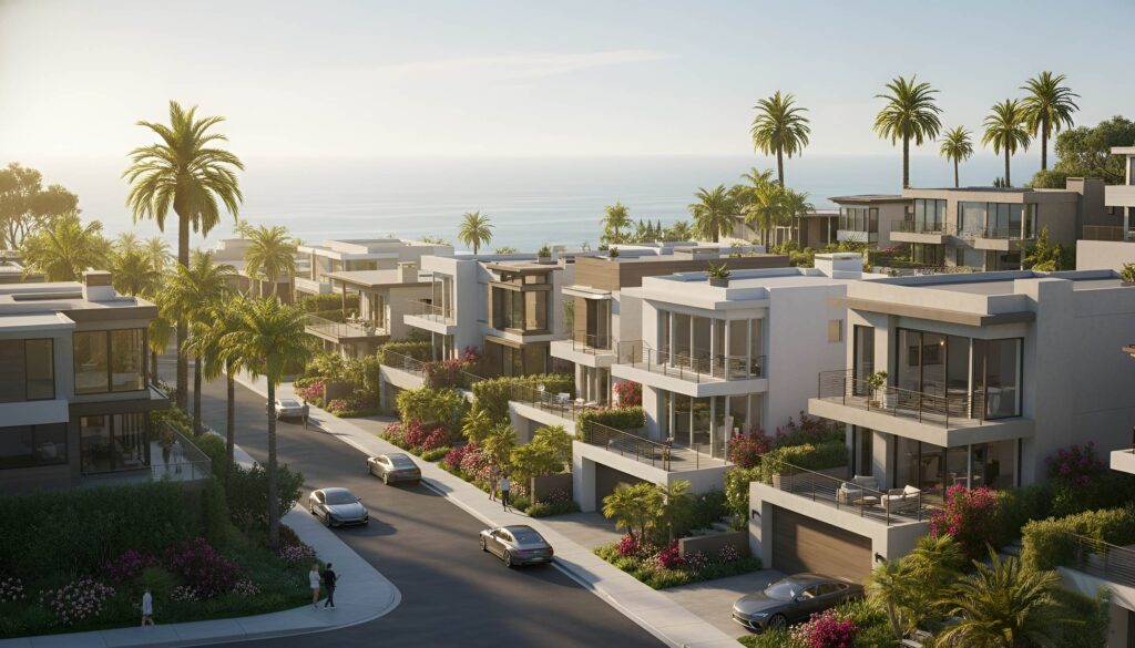 Neighborhood with luxury houses, palm trees, and ocean view