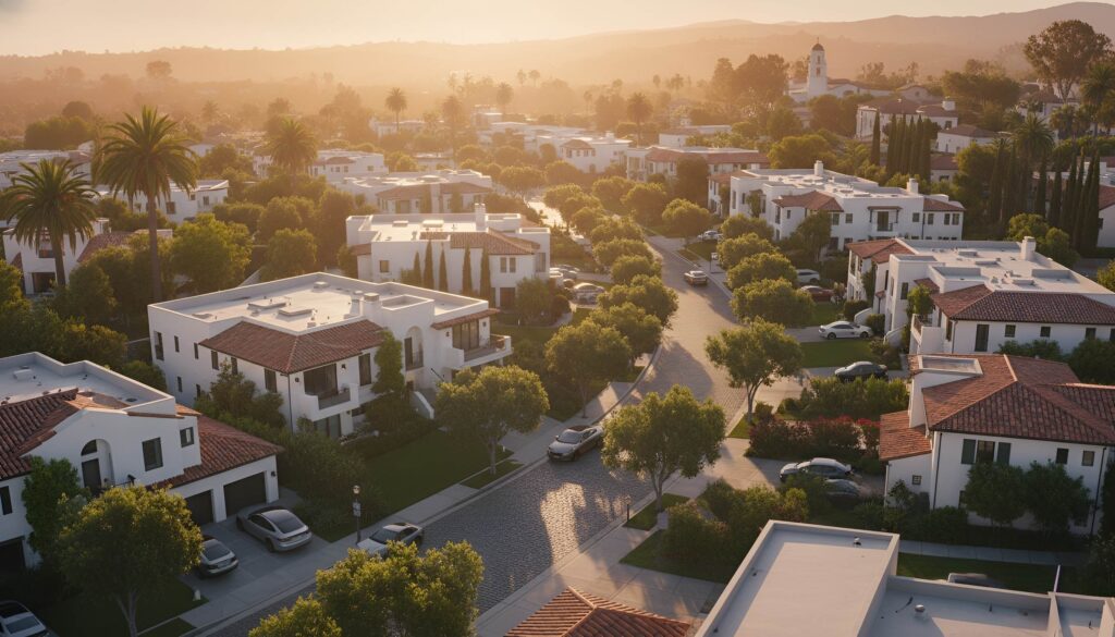 Neighborhood with houses, red roofs, palm trees, and greenery