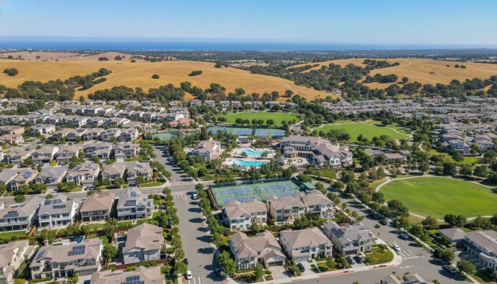 Neighborhood with houses, pool, courts, and green fields