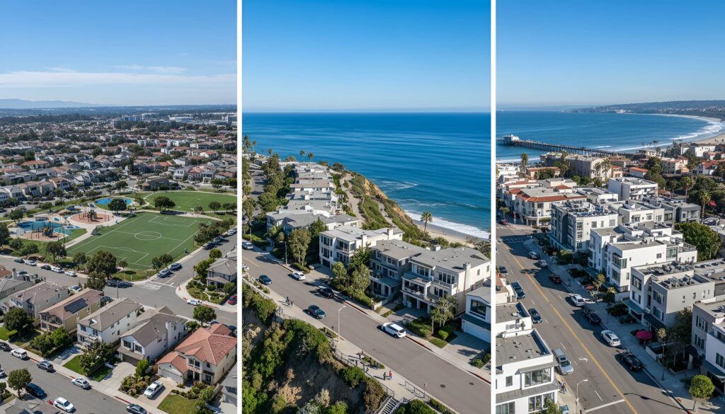 Coastal area with houses, parks, and ocean view