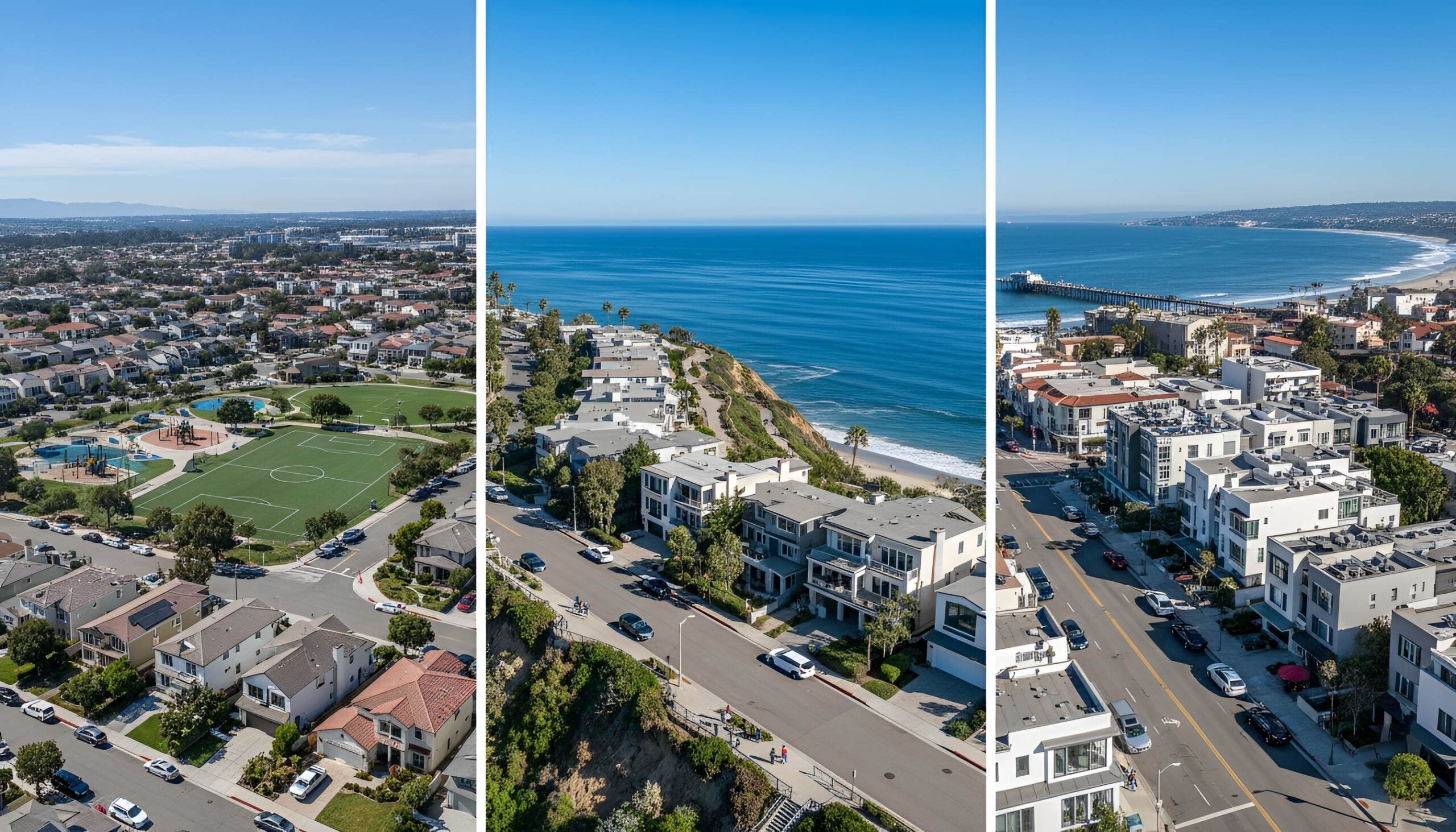 Coastal area with houses, parks, and ocean view