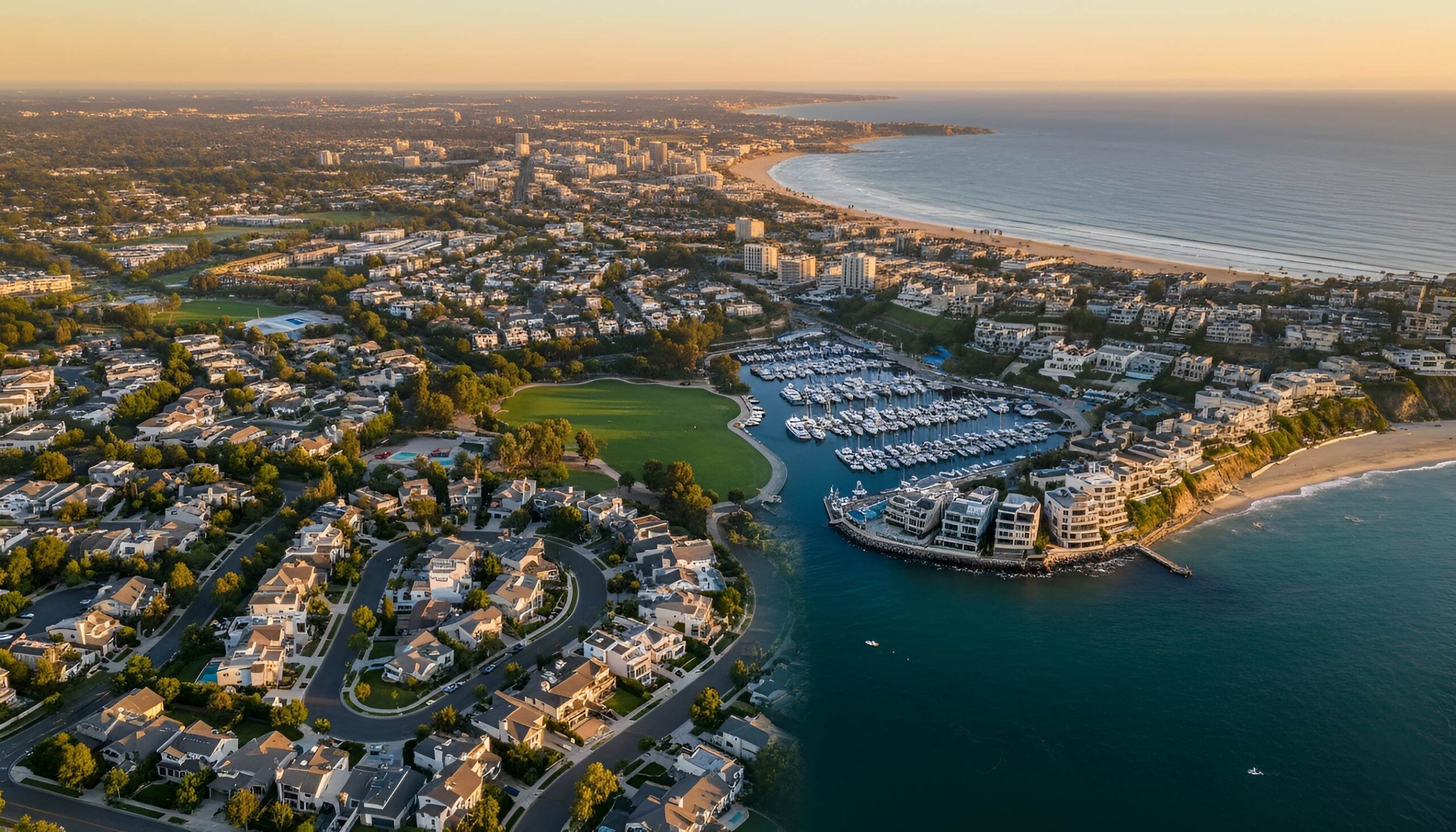 Coastal town with houses, marina, boats, and beach