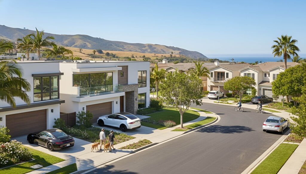 Neighborhood with houses, palm trees, people, and cars