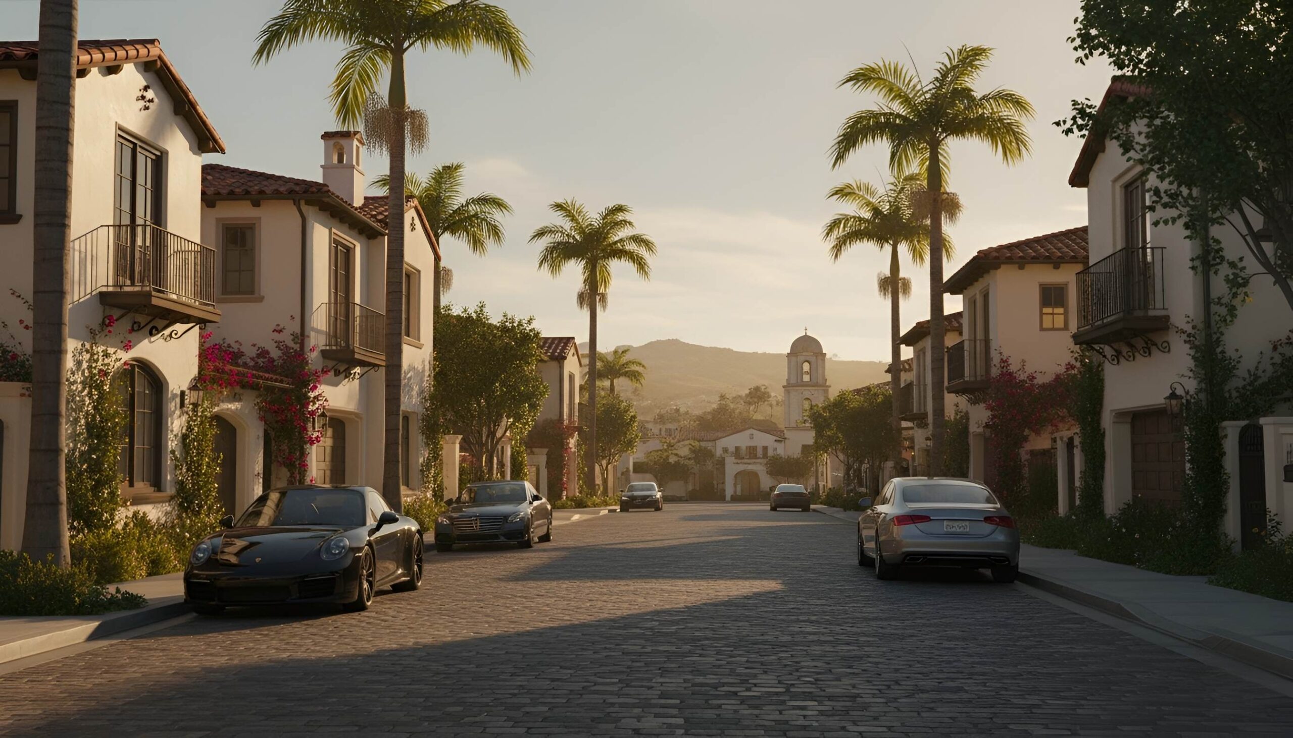 Street with houses, palm trees, and hills