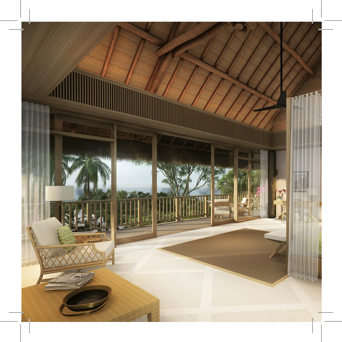 Spacious room with high ceiling, chair, table, and big windows