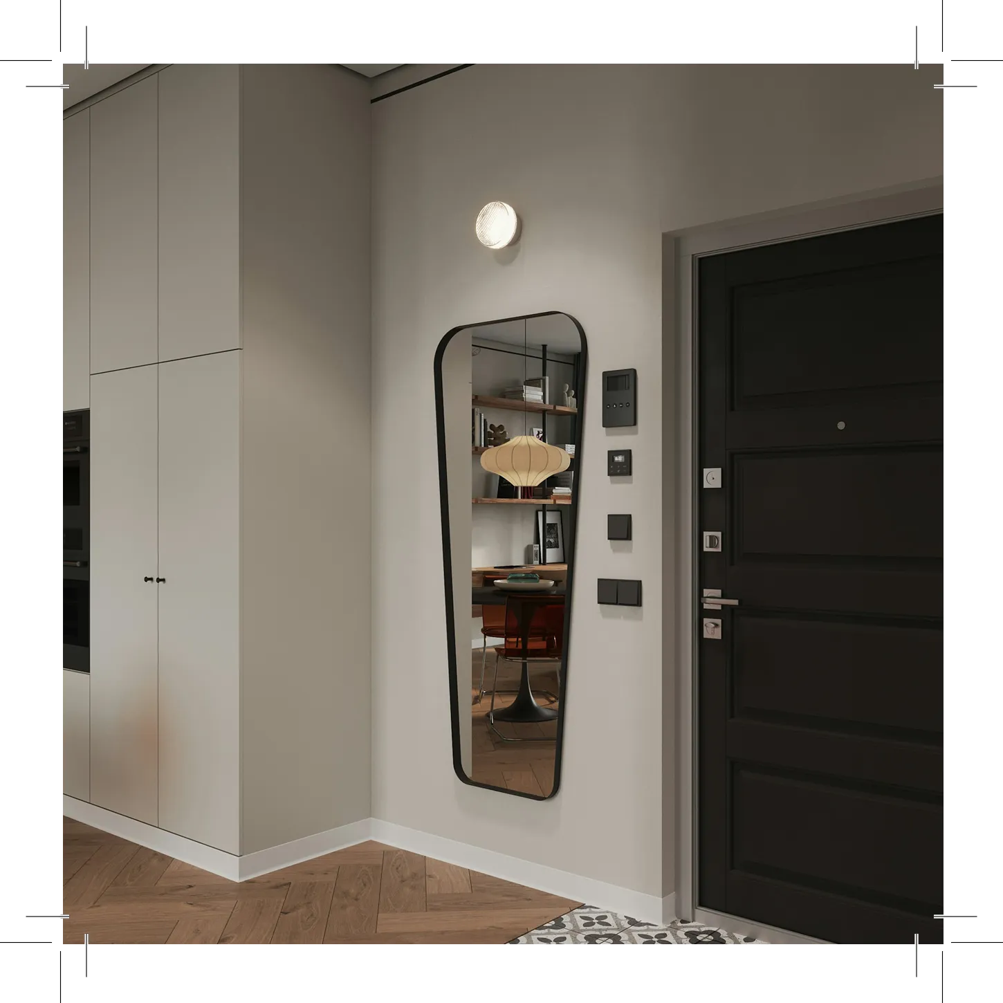 Hallway with mirror, black door, and wooden floor