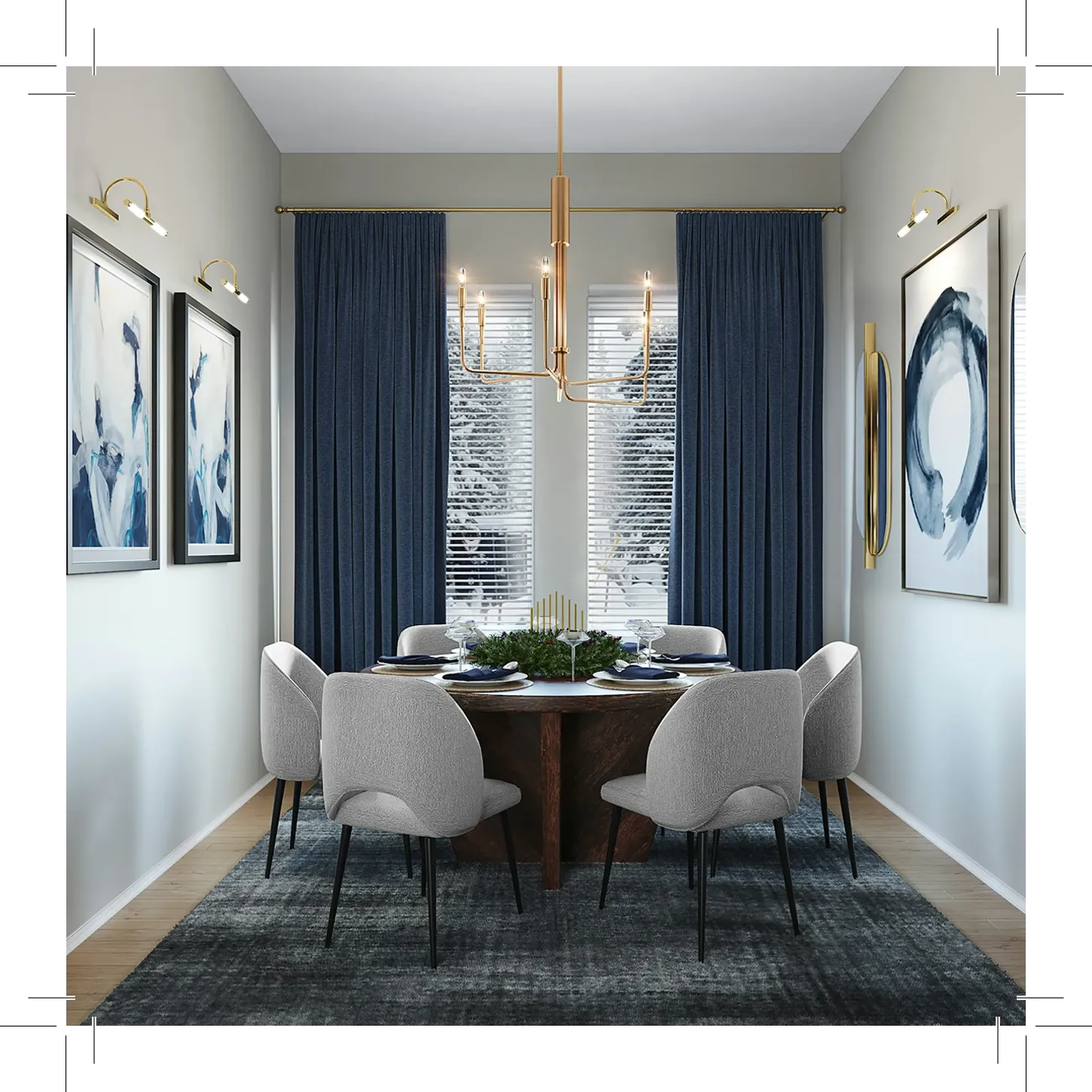 Dining room with round table, chairs, wall art, and chandelier