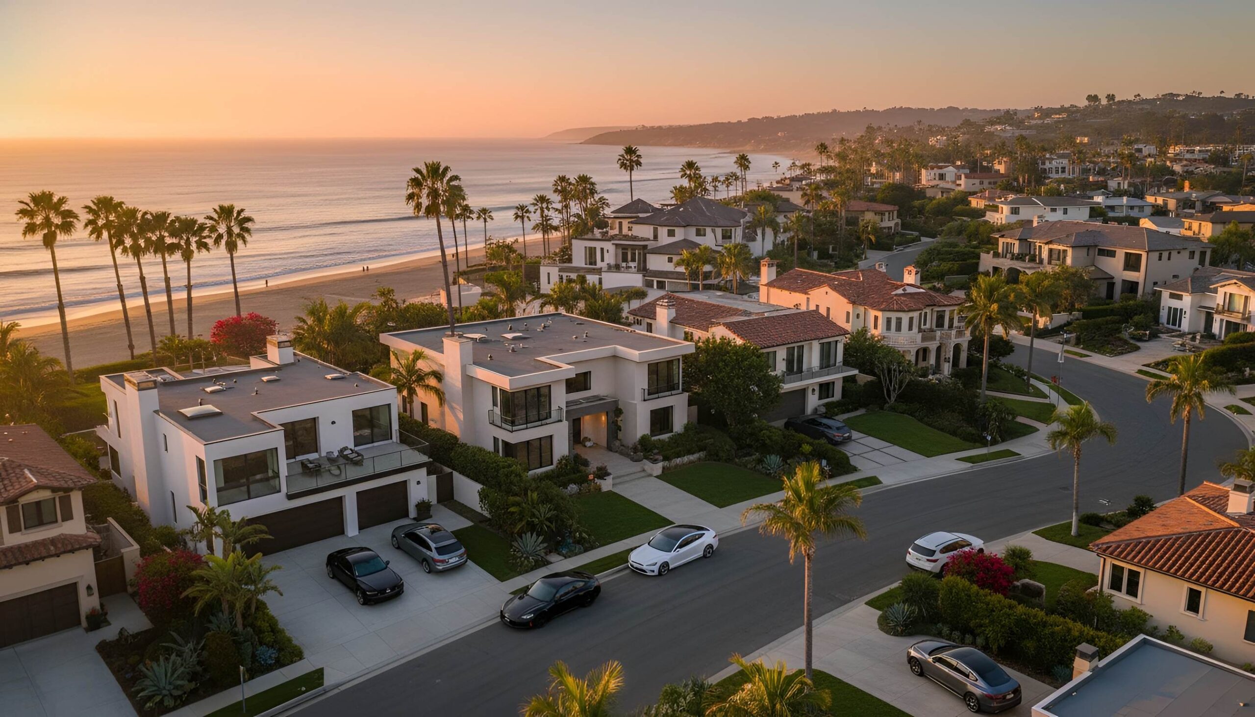 Neighborhood with luxury houses, palm trees, and beach