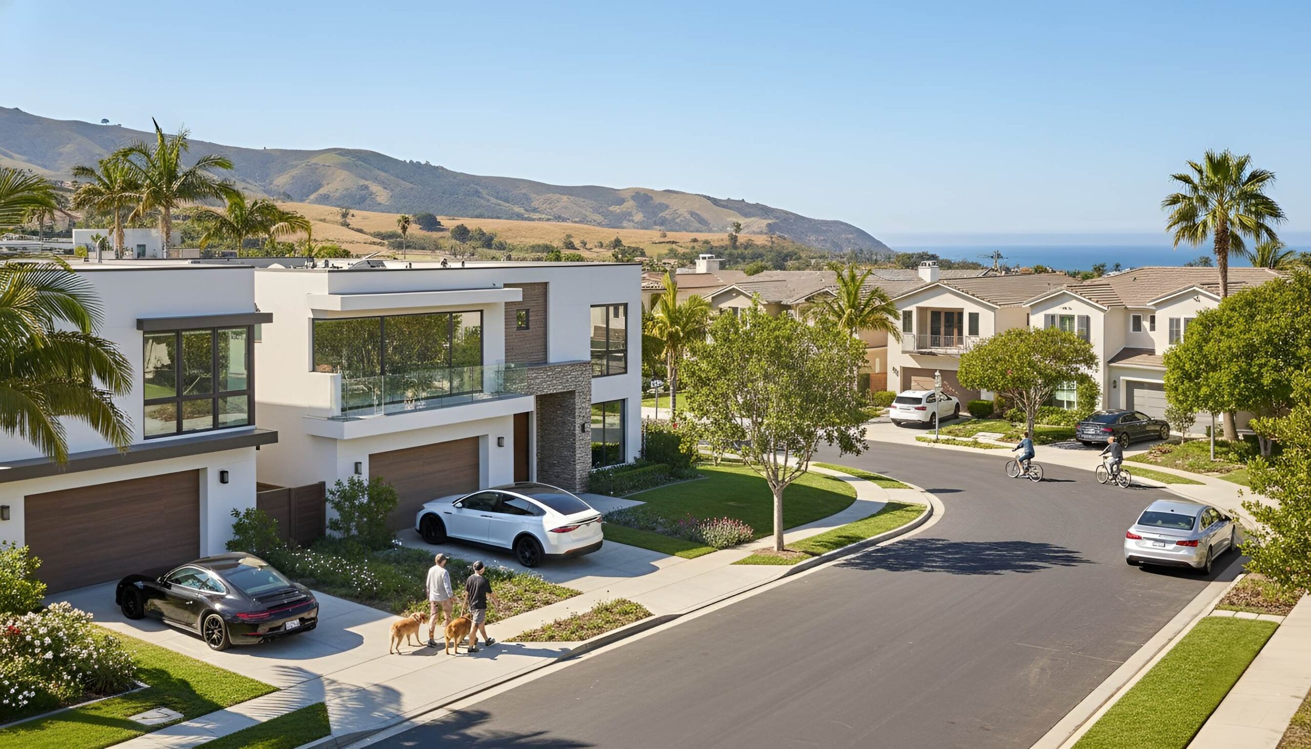 Neighborhood with houses, palm trees, people, and cars
