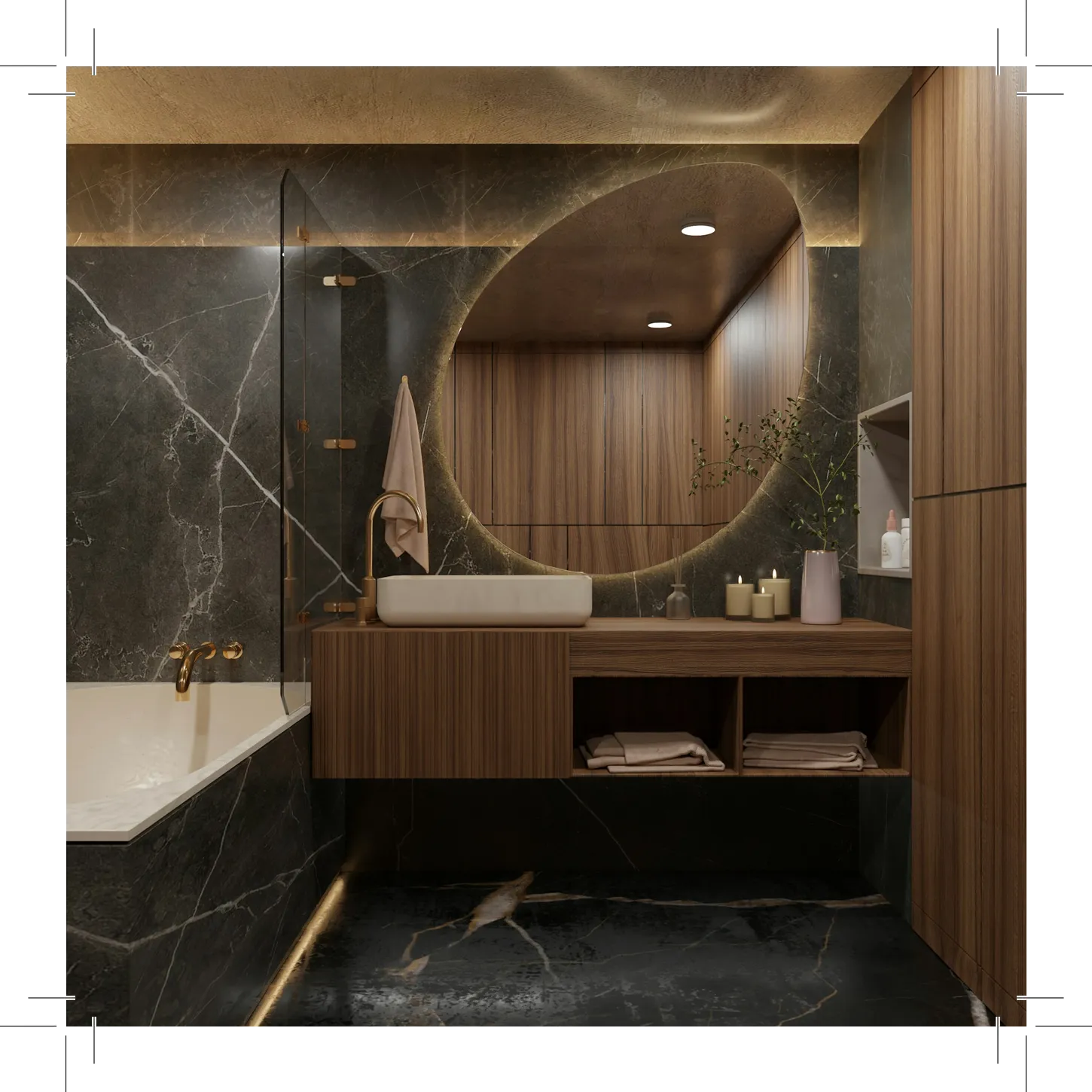 Bathroom with marble walls, tub, mirror, and cabinets