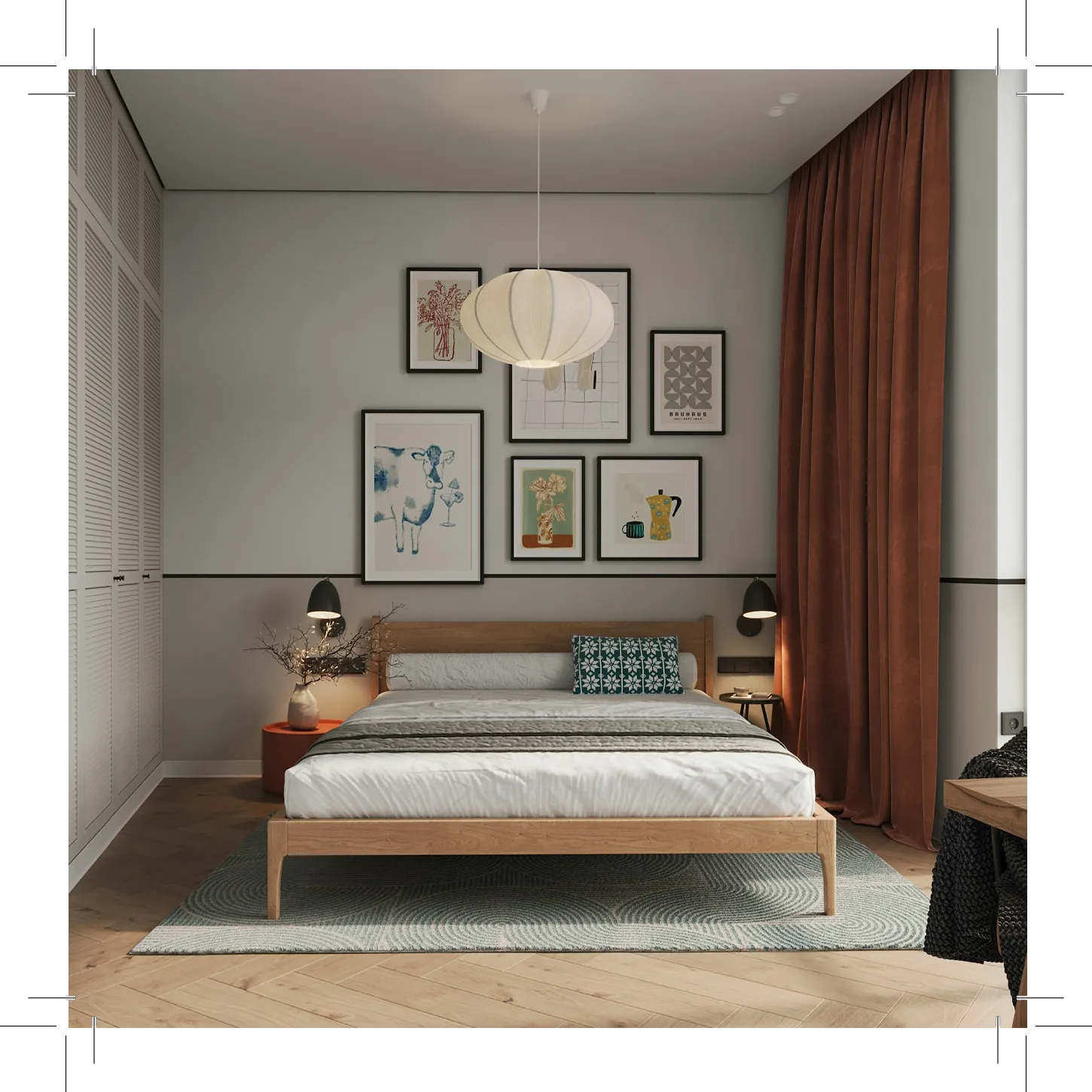 Bedroom with wooden bed, lamps, wall art, and plant