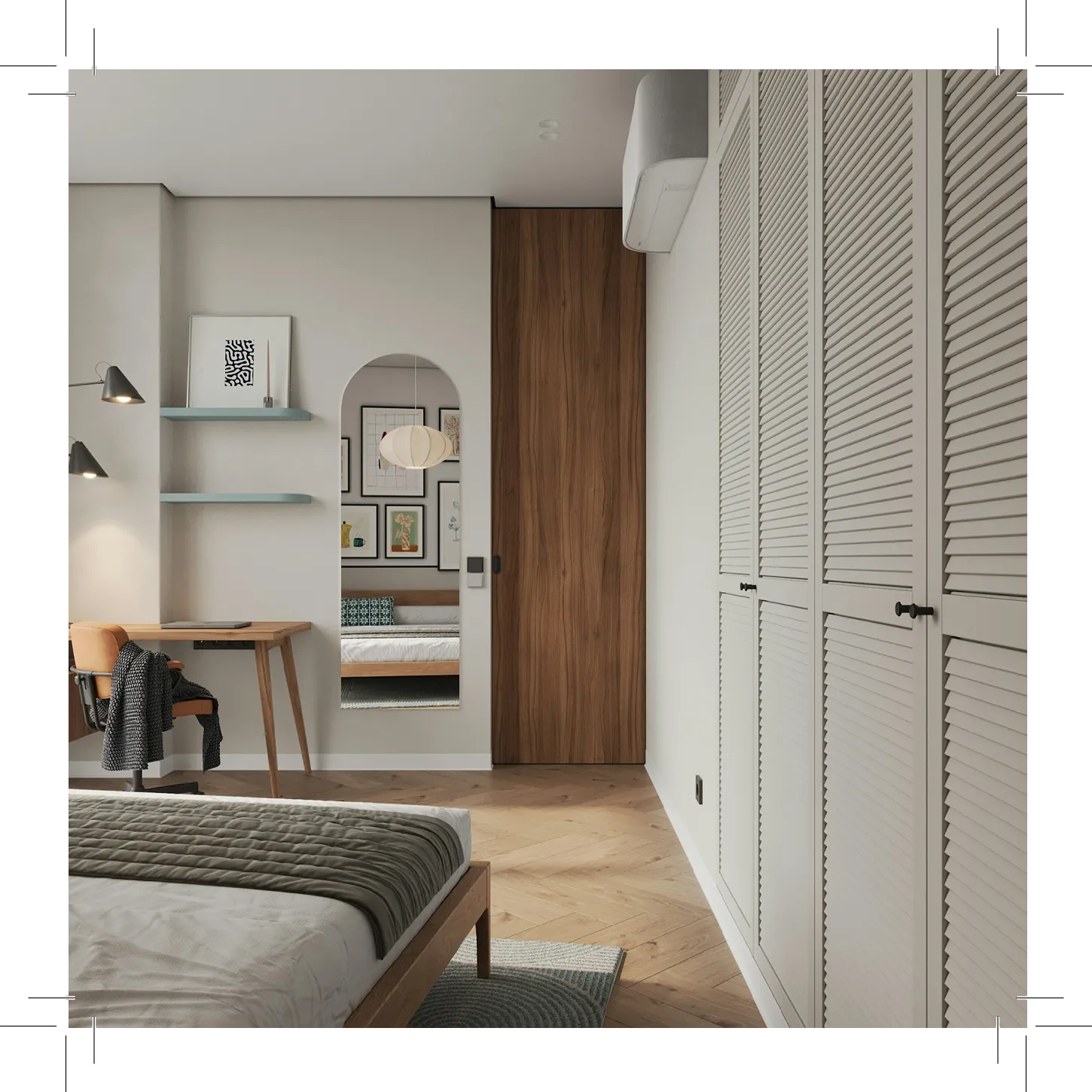 Bedroom with bed, desk, chair, and mirror