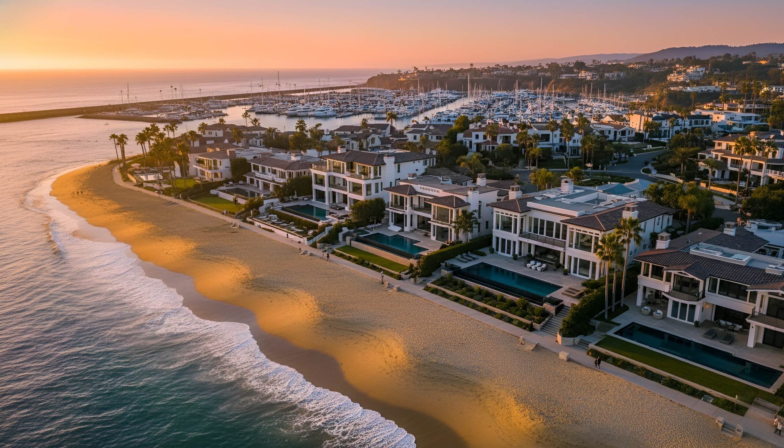 Beachfront with luxury houses, boats