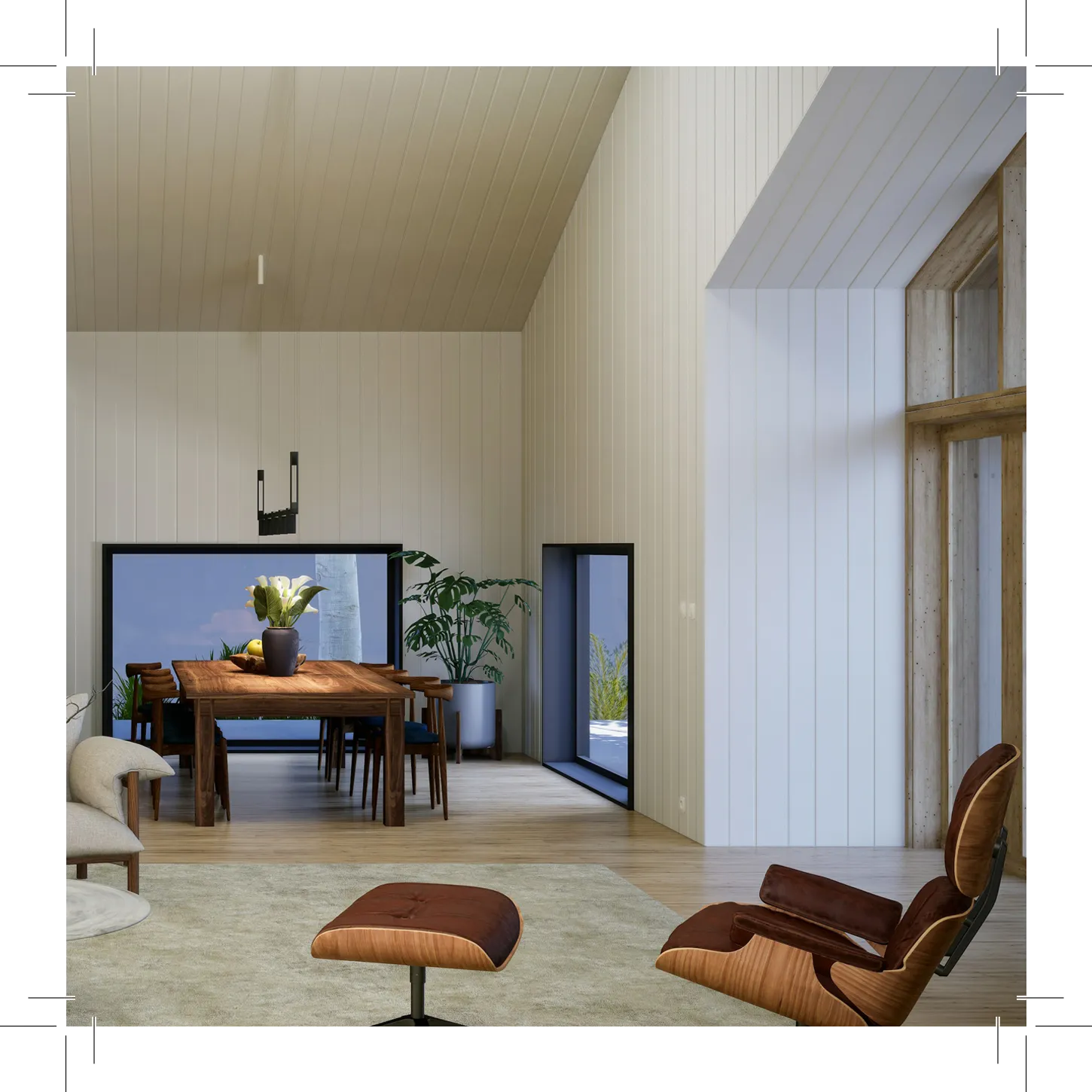 Room with dining table, chairs, and lounge chair