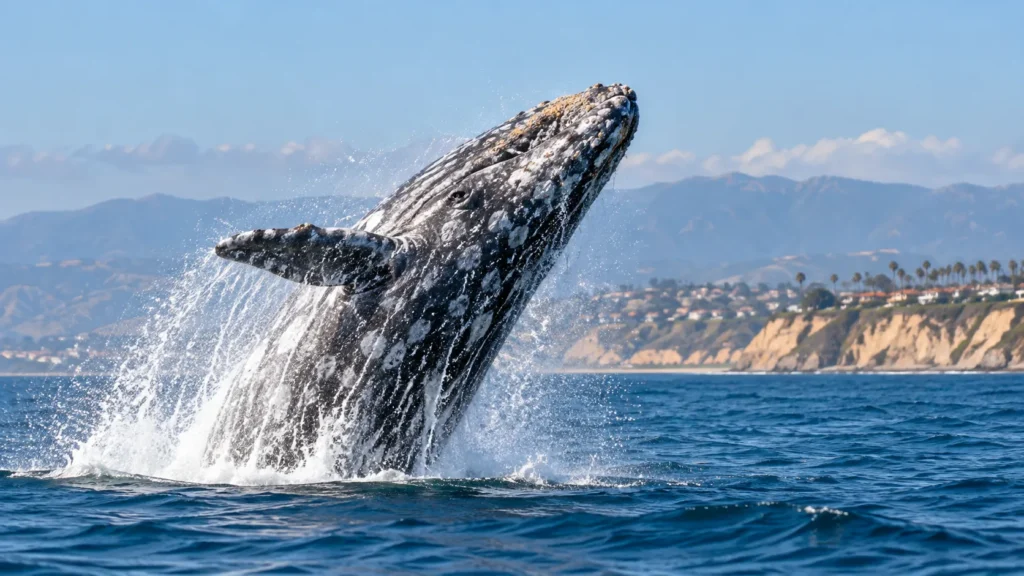Spotted Whale Breaching Coastal Waters